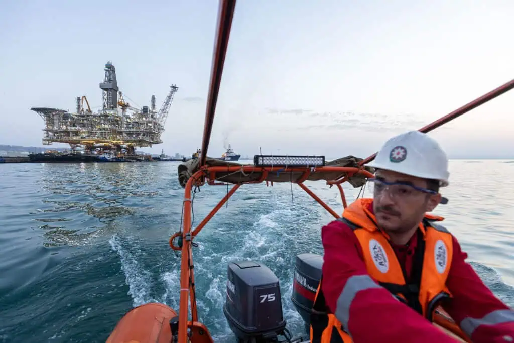 Professional offshore worker on a boat near in the Caspian Sea.