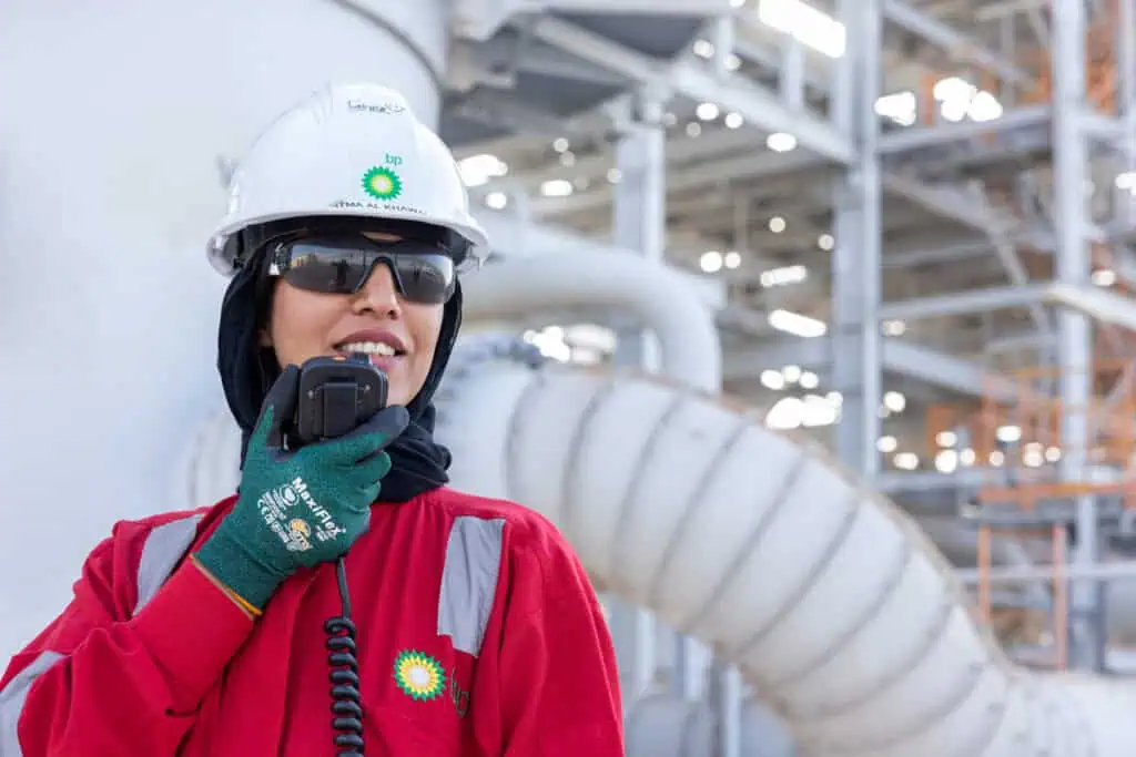 Oil and gas industry worker in Oman industrial plant.