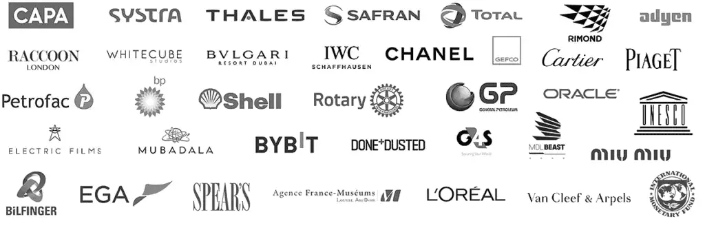 Corporate References include Systra, Thales, Safran, Total, Adyen, IWC, Chanel, Cartier, Piaget, Petrofac, bp, Shell, Rotary, Oracle, Mubadala, Bybit, Miu Miu, Ega, Bilfinger, Spears, L'Oreal, Van Cleef & Arpels.